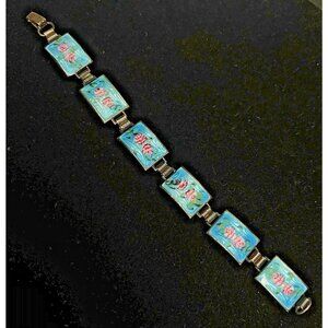 Vintage Sterling Silver Guilloche Panel Link Bracelet 19.9g Pink Roses 7"